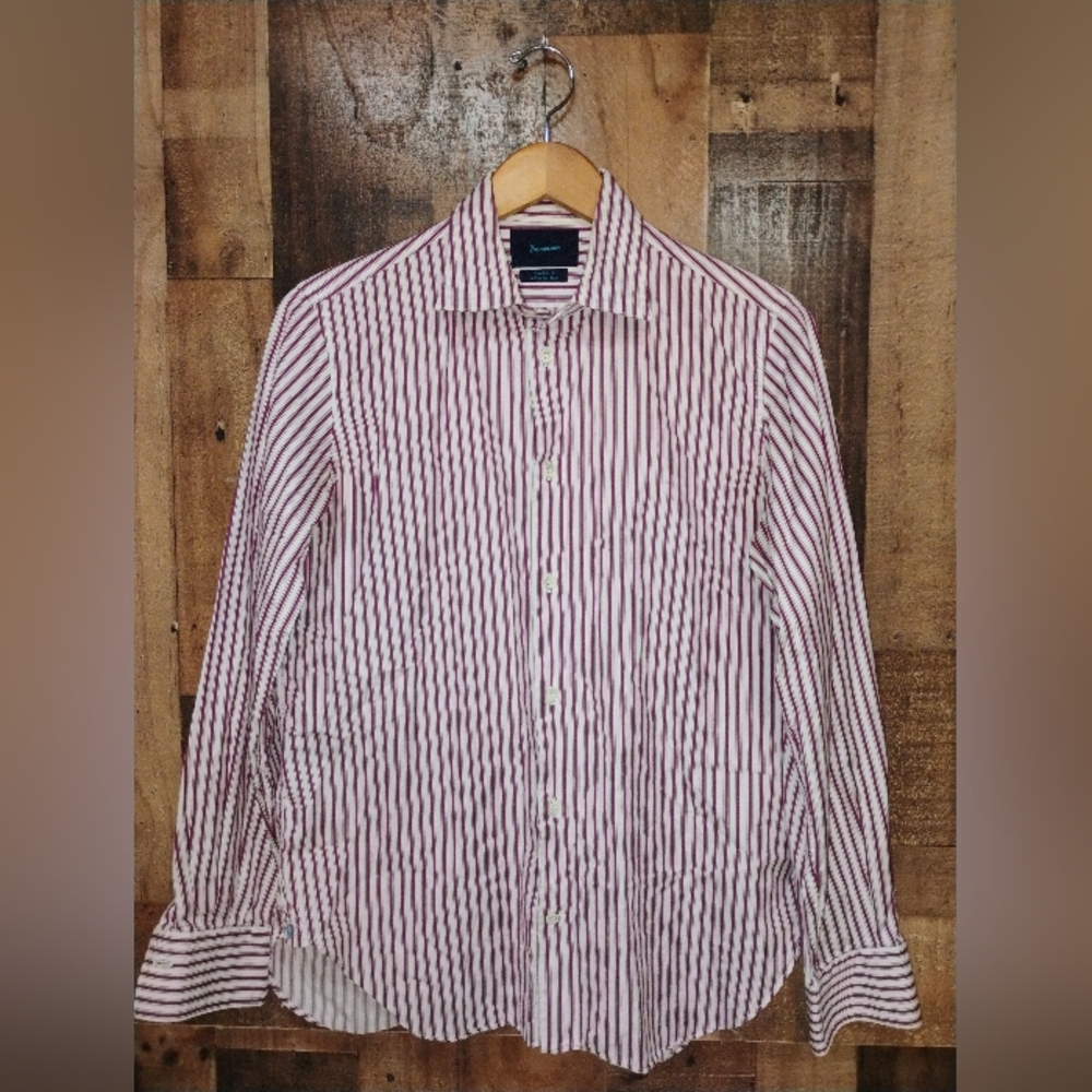 Faconnable Men's Burgundy and White Striped Button Down Dress Shirt Large - Picture 1 of 6
